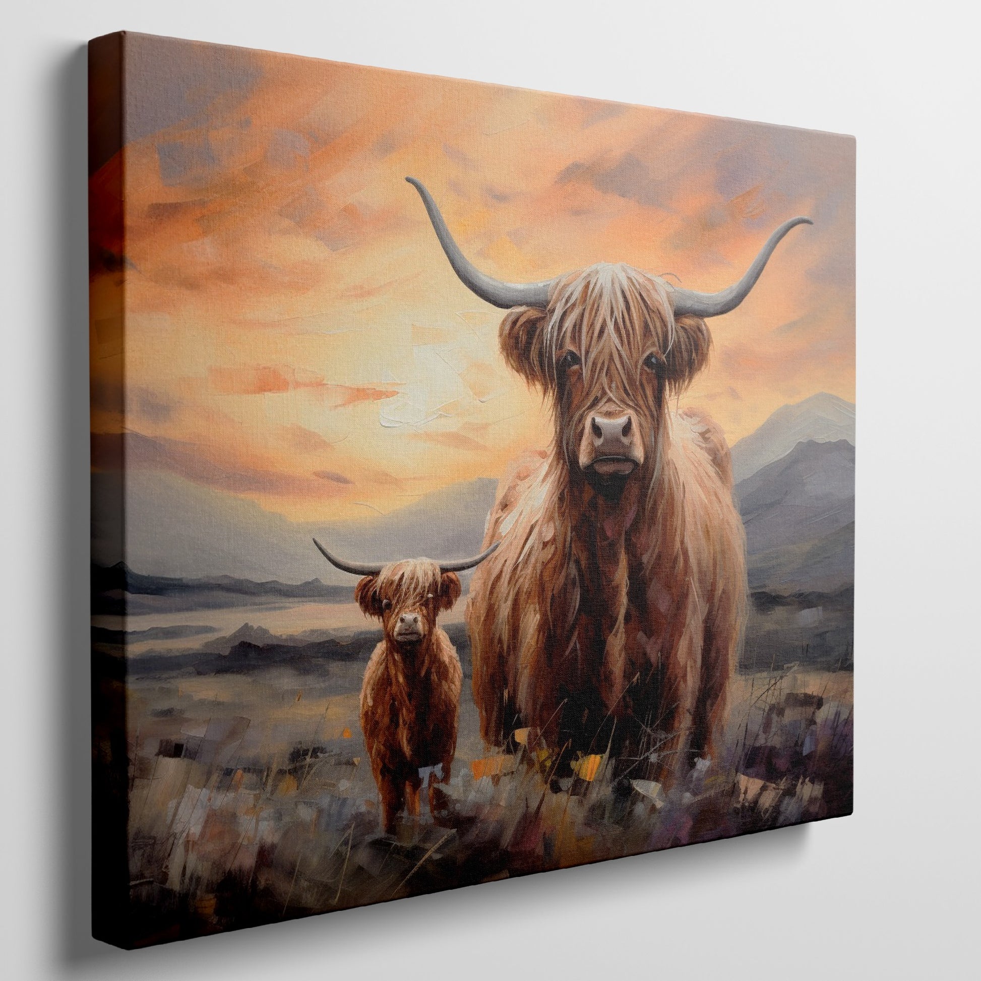 Framed canvas print of a Highland Cow and Calf against a vivid sunset landscape