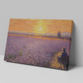 Framed canvas print of an impressionist lavender field with a person at sunset displaying warm sunset colours