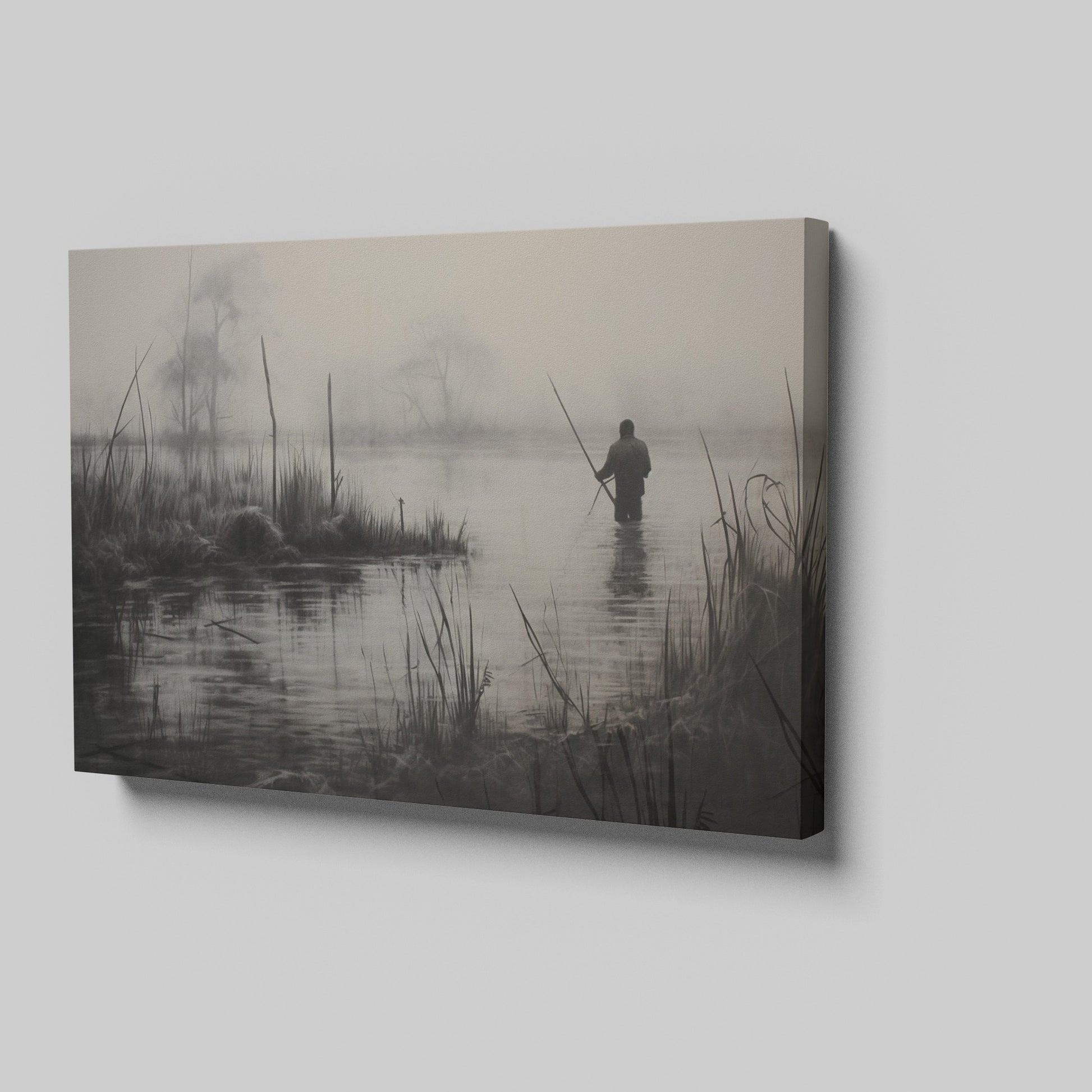 Framed canvas print of a fisherman in a foggy, monochrome lake landscape