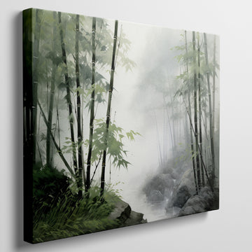 Framed canvas print of a misty bamboo forest in watercolour style with green and grey hues