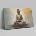 Framed canvas print of a serene Buddha in meditative pose with abstract warm and neutral tones