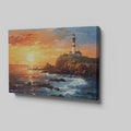 Framed canvas print of a sunset seascape with a lighthouse on a cliff