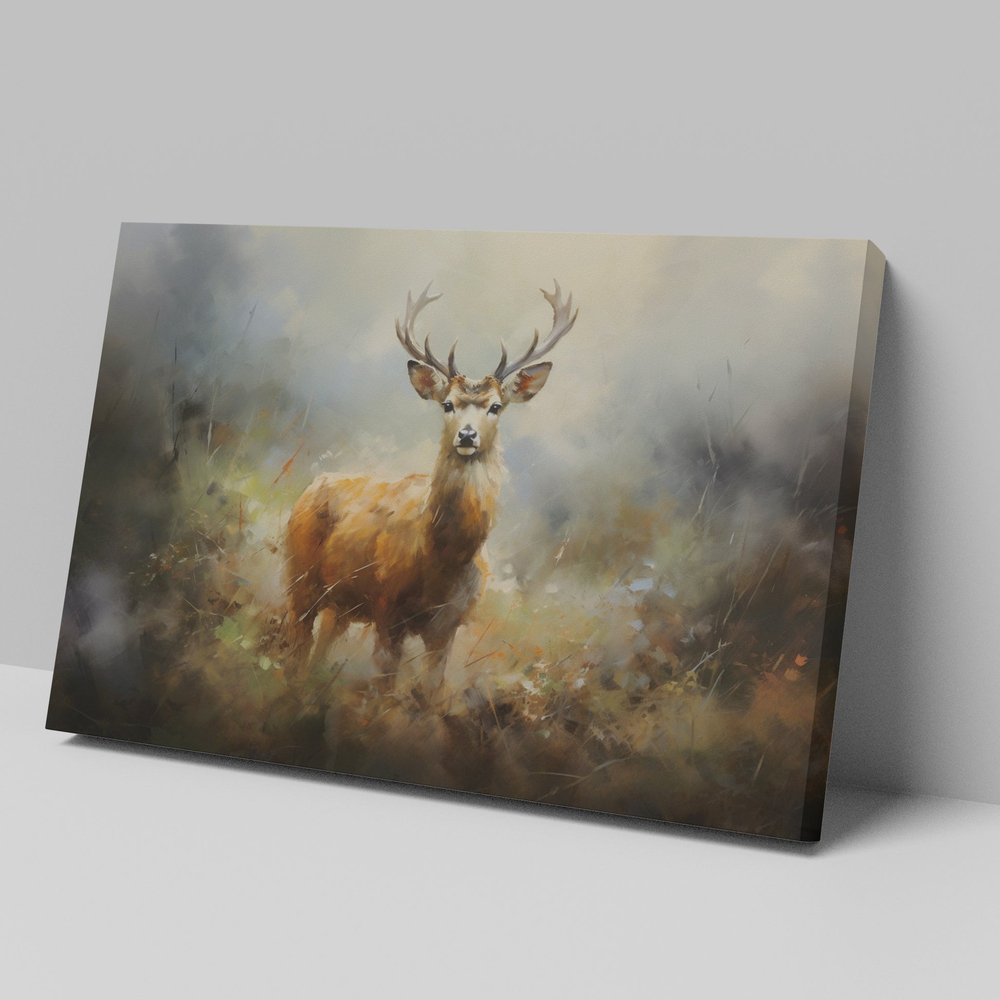 Framed canvas print of an impressionist painting of a stag in a misty autumn forest