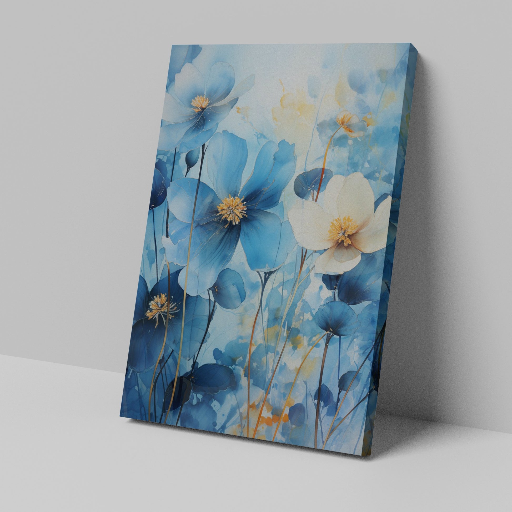 Framed canvas print of abstract blue and golden watercolour floral art