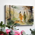 Framed canvas print of two women in traditional Chinese attire walking through an autumnal watercolor forest