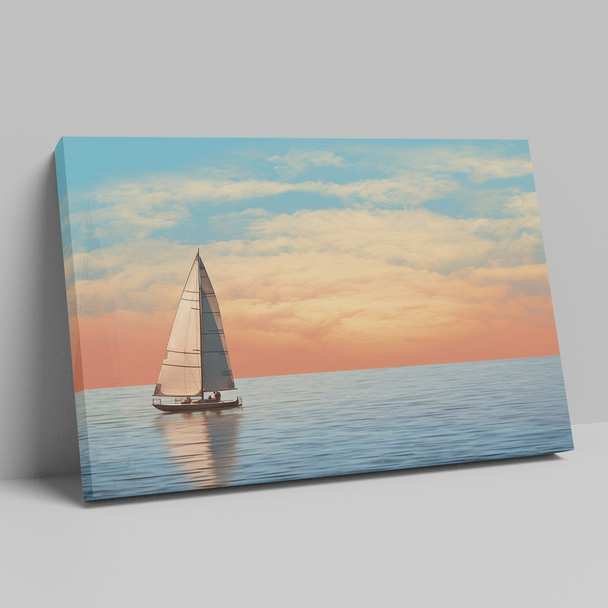 Sailboat on calming ocean waters during a vibrant sunset with orange and pink clouds in the sky.