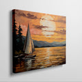 Abstract sailboat at sunset with orange and yellow sky over blue water, bordered by dark trees.