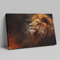 Framed canvas print of a realistic lion portrait with fiery mane