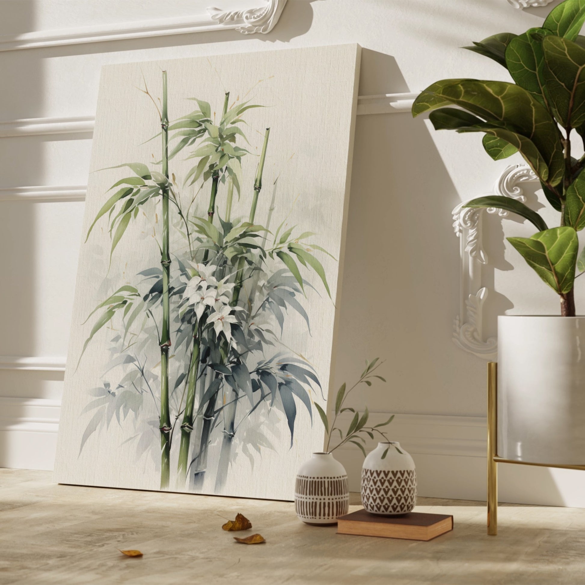 Framed canvas print of stylised bamboo and white flowers in watercolour