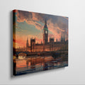 Framed canvas print of a colourful sunset over Big Ben and the London skyline, with stark reflections in the River Thames.