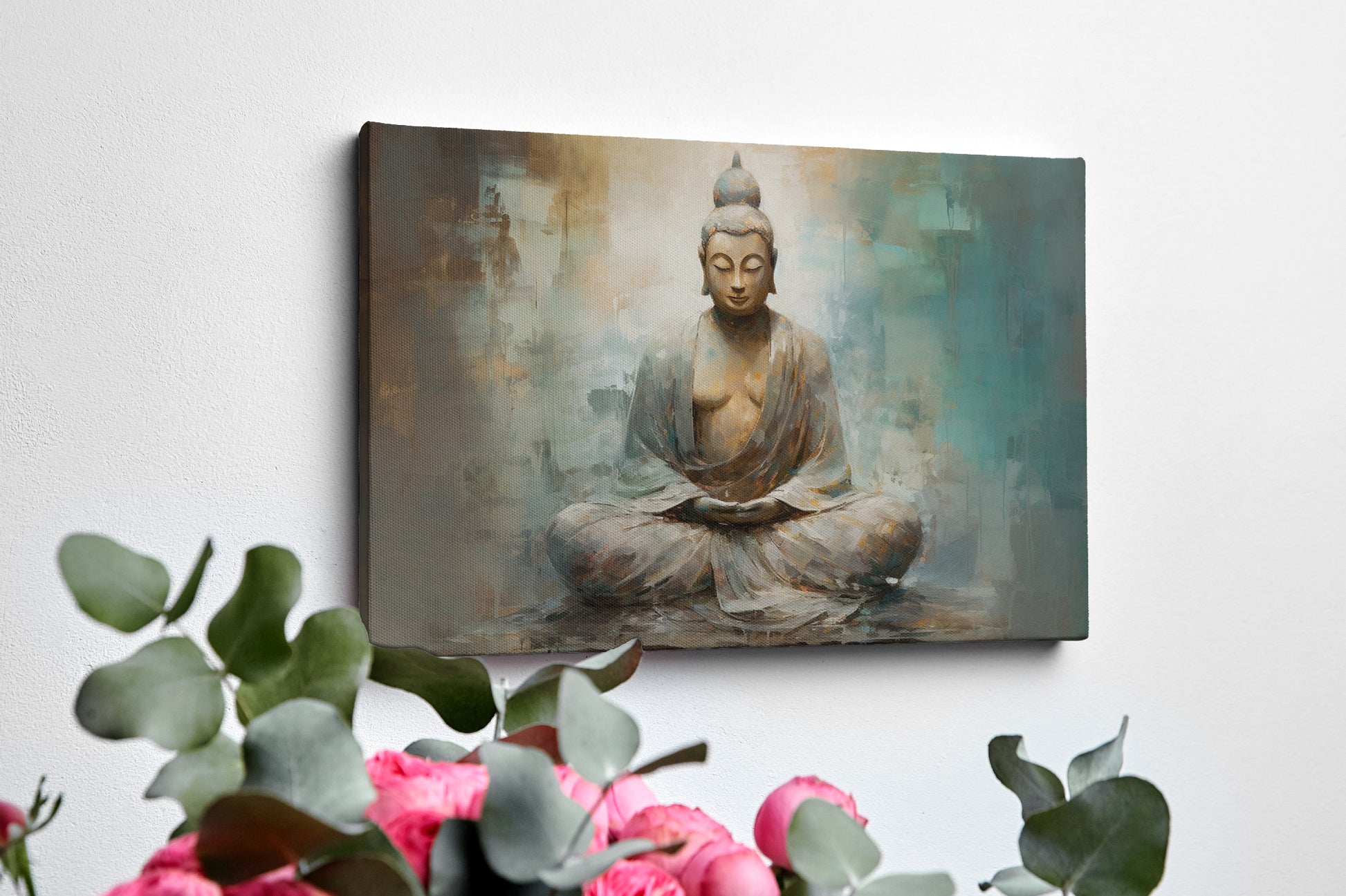 Framed canvas print of a meditative Buddha in abstract earthy tones