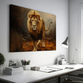 Framed canvas print of a regal lion striding through the misty savannah