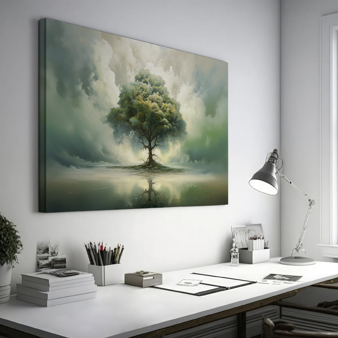 Framed canvas print of a serene landscape with a solitary tree and its reflection amidst ethereal clouds