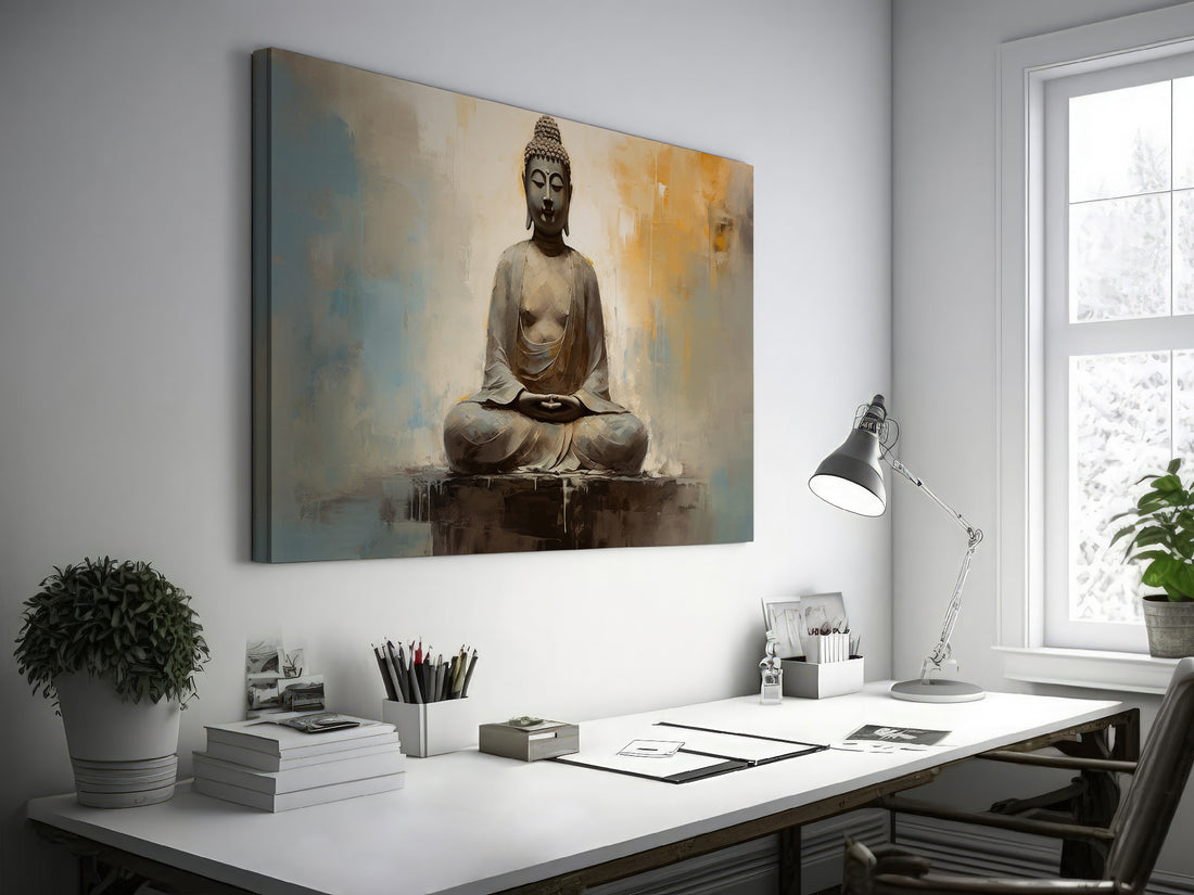 Framed canvas print of a serene Buddha in meditative pose with abstract warm and neutral tones