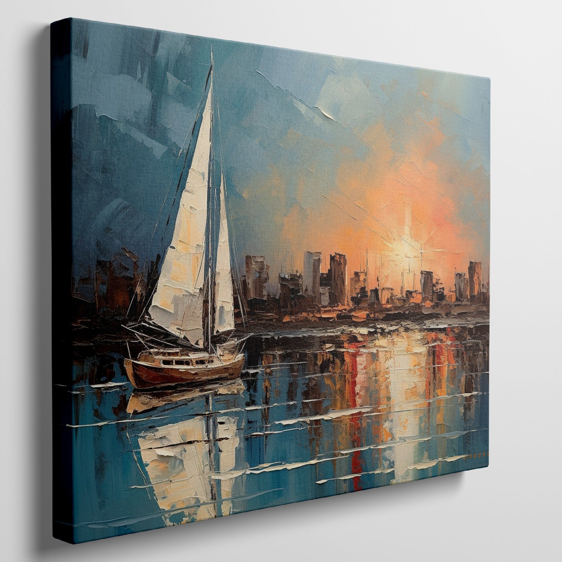 Framed canvas print of an impressionist painting with a sailboat against a sunset cityscape reflecting on the water