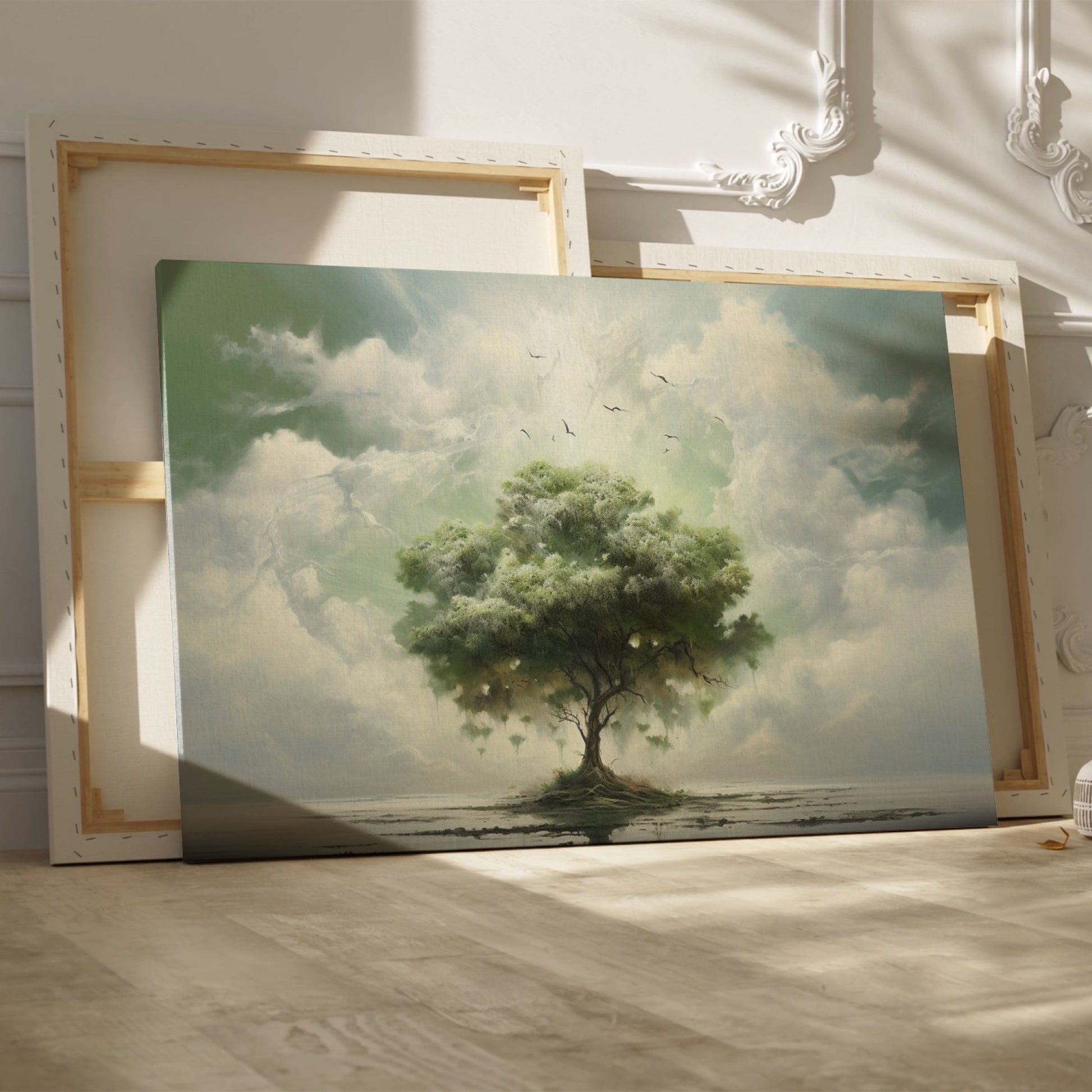 Framed canvas print of a surreal tree floating above a calm lake with birds and ethereal clouds