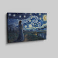 Framed canvas print of a woman in a blue dress gazing at a starry night sky with swirling patterns over a village