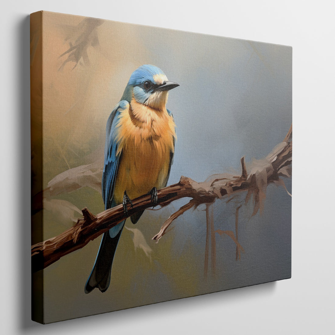 Framed canvas print of a realistic bluebird perched on a branch with vibrant blue and yellow colours