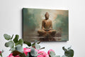 Framed canvas print of a meditative Buddha in earthy browns and soft blues