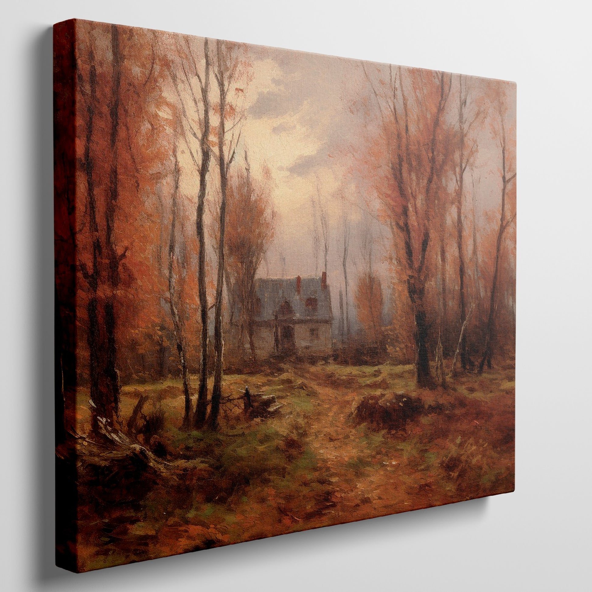 Framed canvas print of a traditional autumn forest landscape with a country house and warm red and brown tones