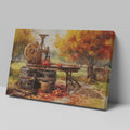 Framed canvas print of an autumn cider press scene with vibrant foliage and vintage farm elements