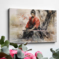 Framed canvas print of a Samurai warrior in red kimono with sword