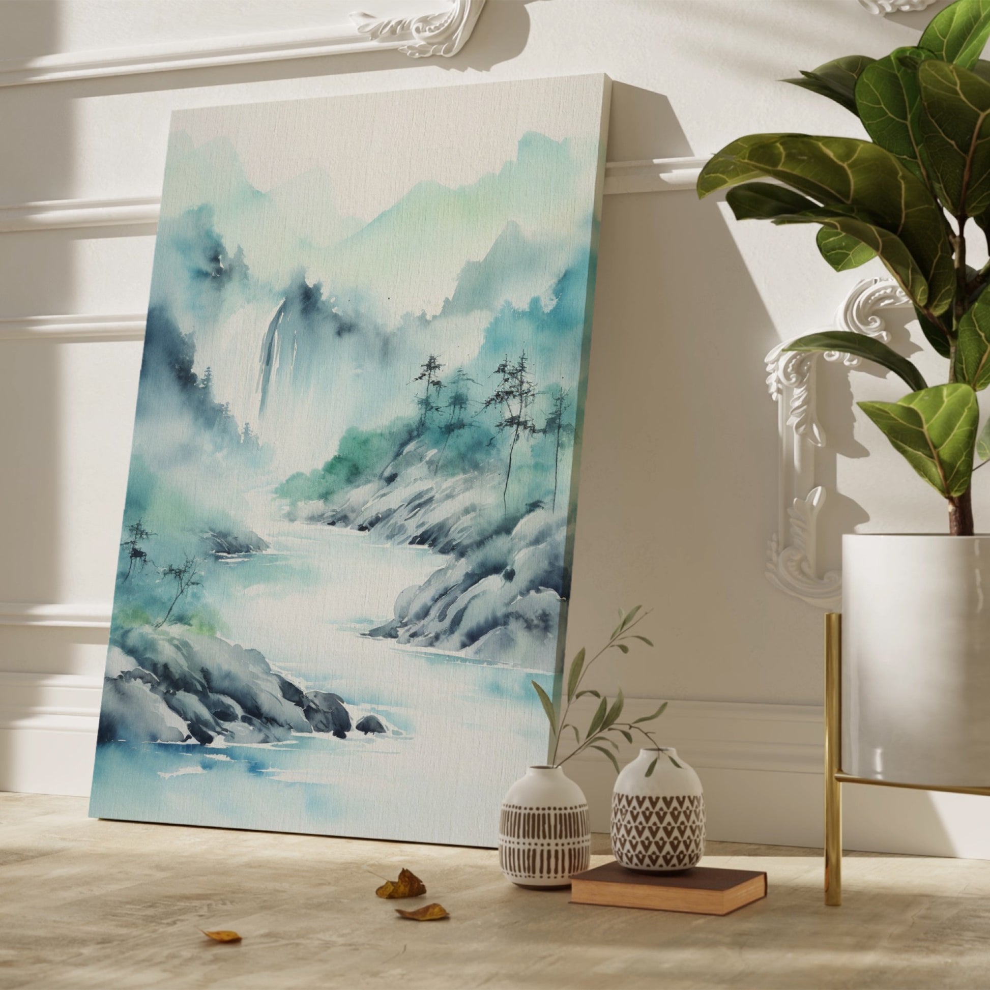 Framed canvas print of a tranquil watercolour painting depicting misty mountains and a serene river landscape in soft blue and green hues.