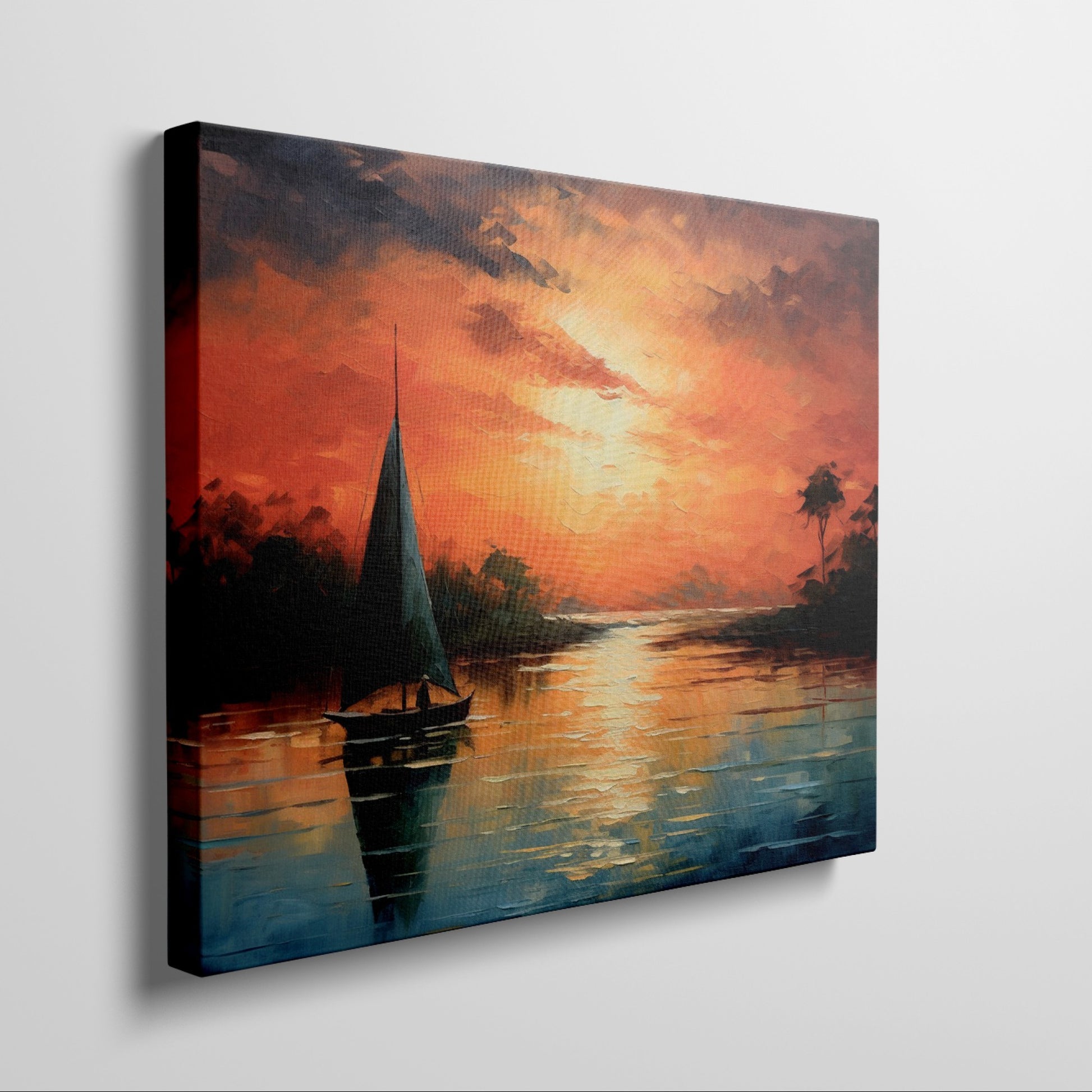 Framed canvas print of a vibrant impressionist sailboat against an orange hued sunset