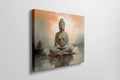 Framed canvas print of serene Buddha in meditation with warm earth tones and tranquil setting