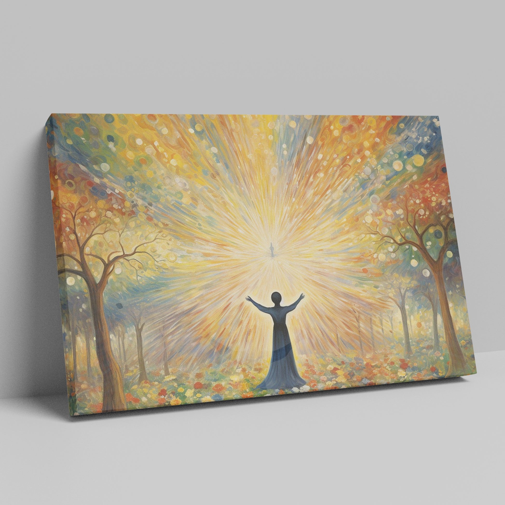 Framed canvas print of a figure silhouetted against a radiant background with mystical trees and glowing orbs.