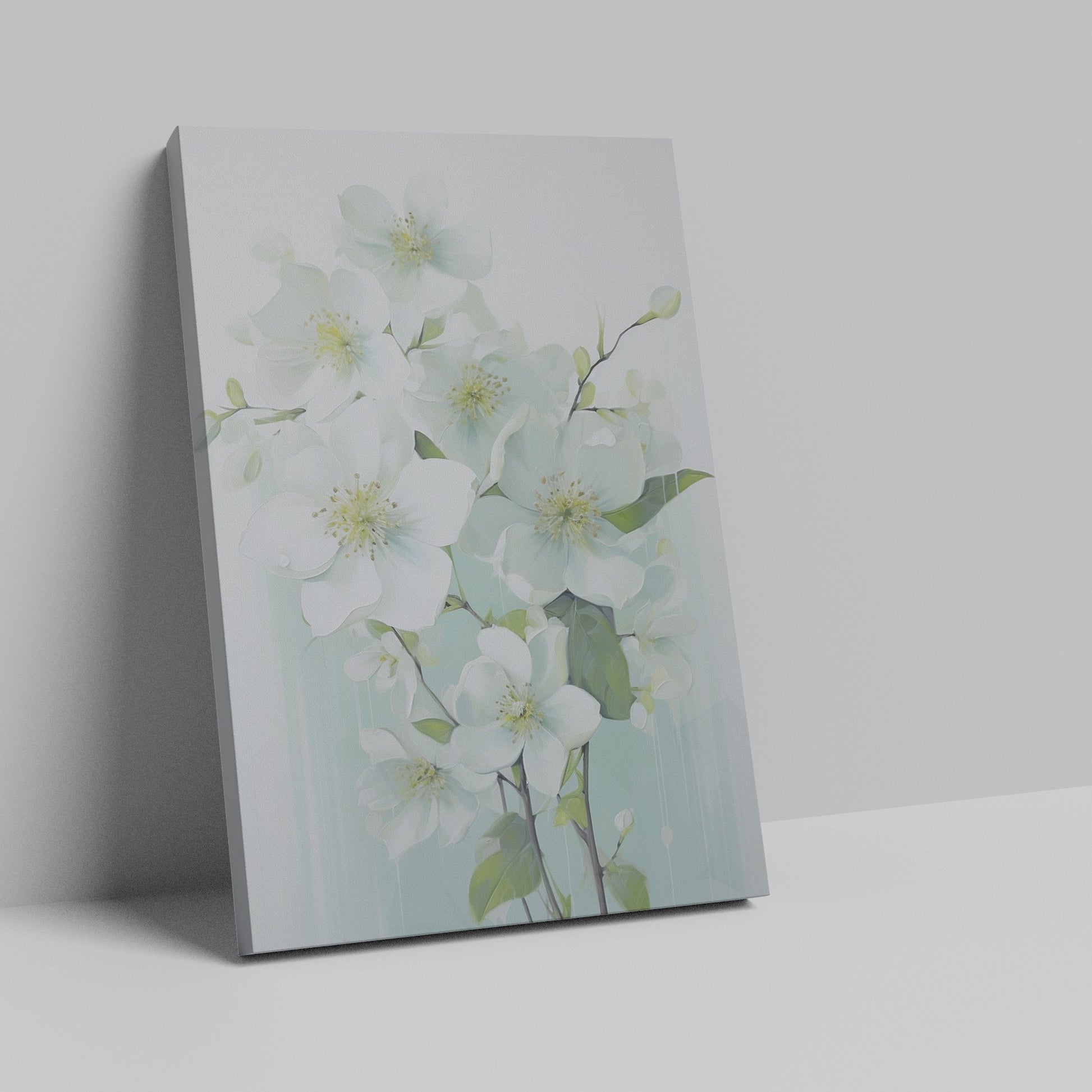 Framed canvas print of delicate white blossoms with a pastel background