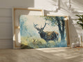 Framed canvas print of a watercolour stag in a serene woodland setting