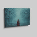 Framed canvas print of a girl in red standing in a mystical blue forest with butterflies