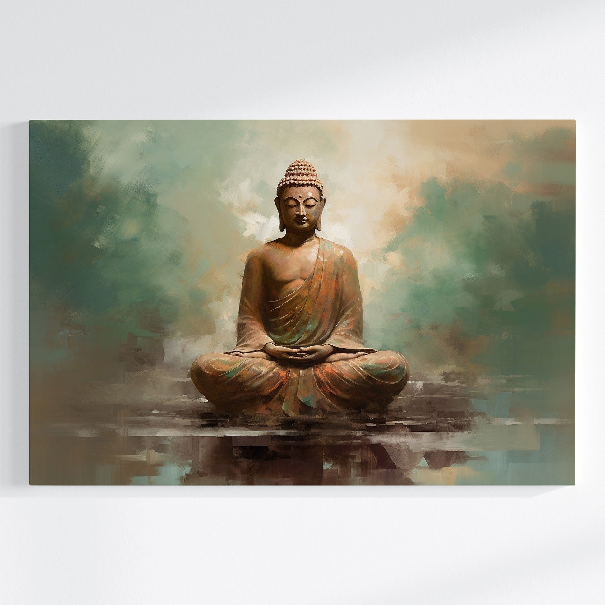 Framed canvas print of a meditative Buddha in earthy browns and soft blues