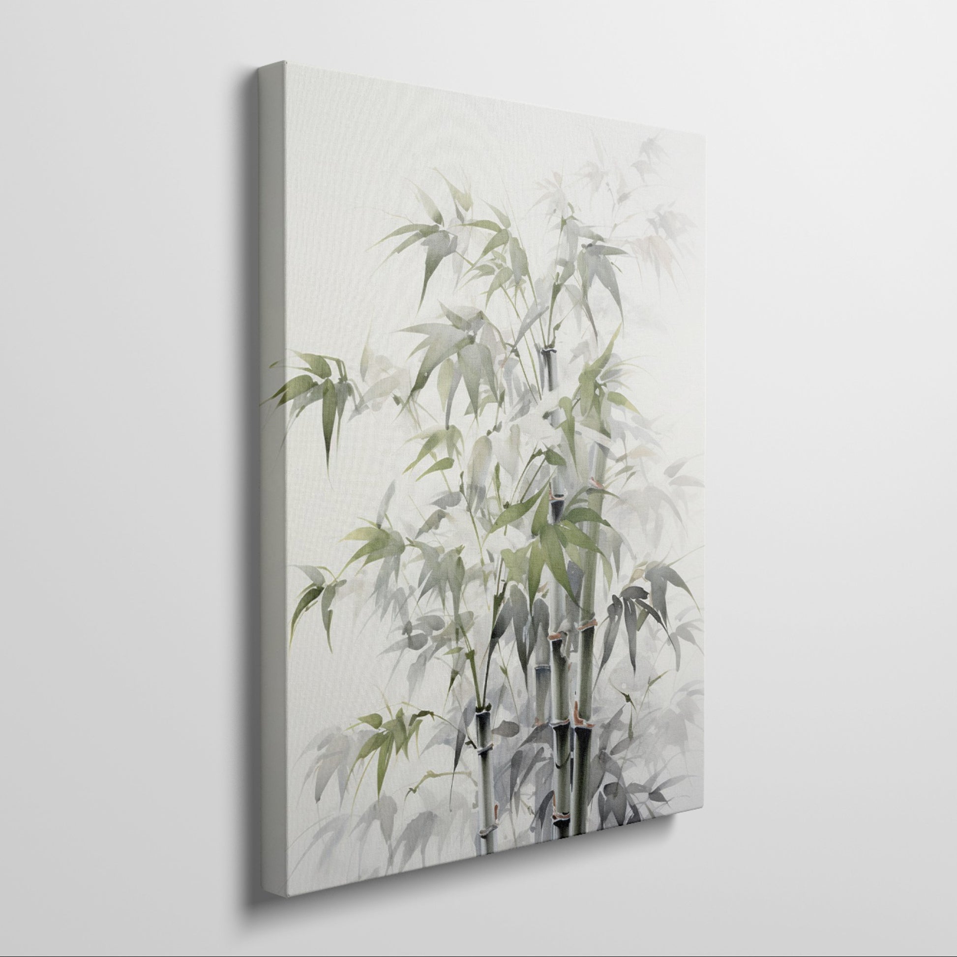 Framed canvas print of stylised bamboo stalks in tranquil shades of green and grey