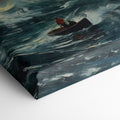 Framed canvas print of a stormy seascape with a lighthouse beacon and a boat at sea, featuring expressive brushstrokes and a dramatic red and blue colour scheme