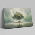 Framed canvas print of a serene landscape with a solitary tree and its reflection amidst ethereal clouds