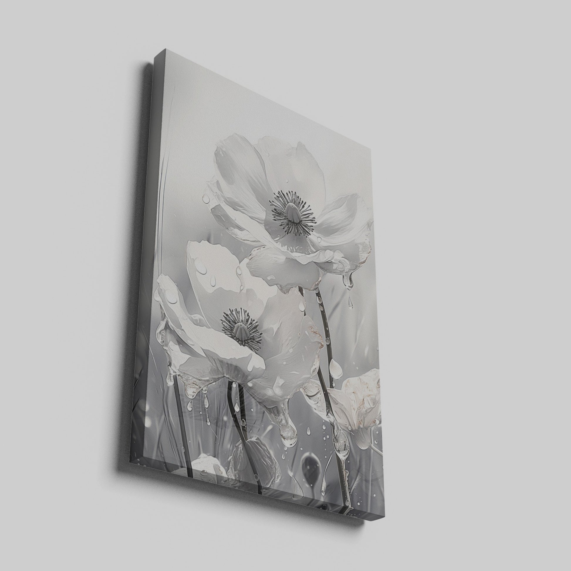 Framed canvas print of monochrome flowers with water droplets