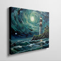 A canvas painting of a lighthouse on a cliff with a swirling starry sky and rough sea in shades of blue and green.