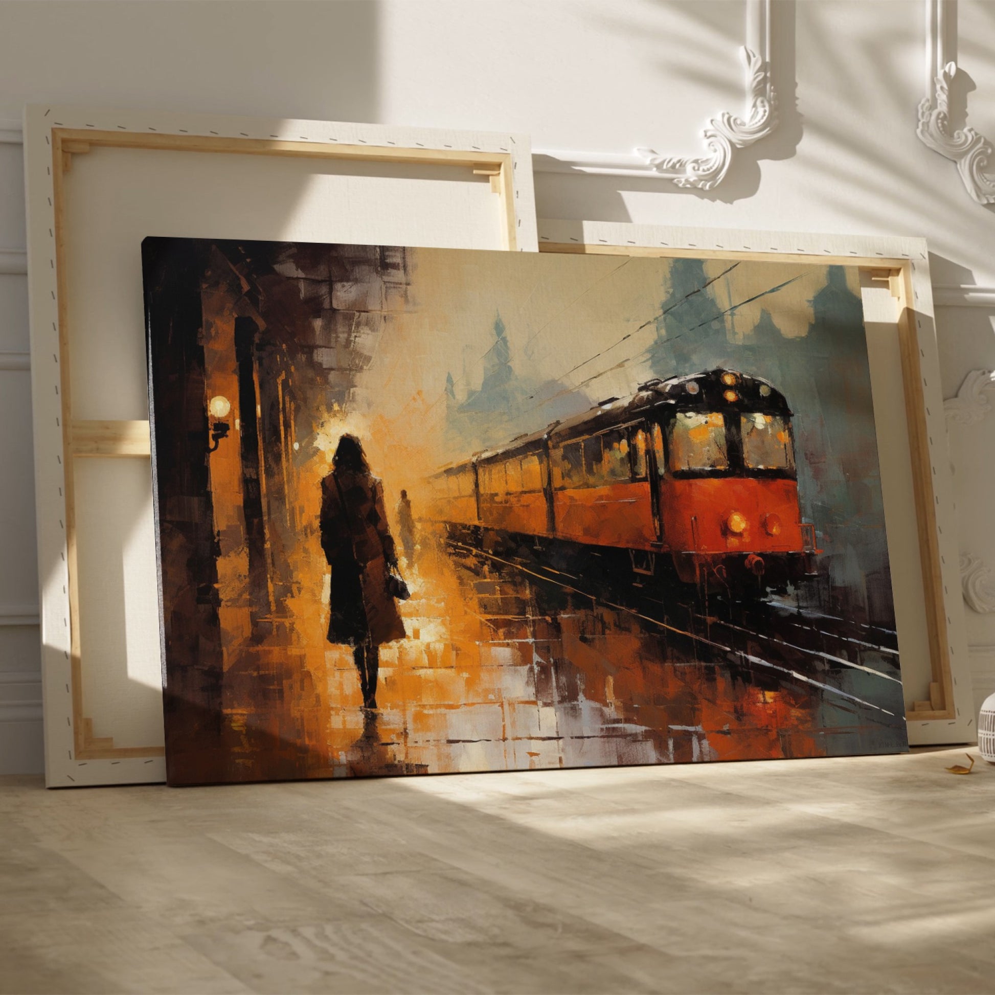 Framed canvas print of an abstract evening train station scene with golden hues and a glowing train