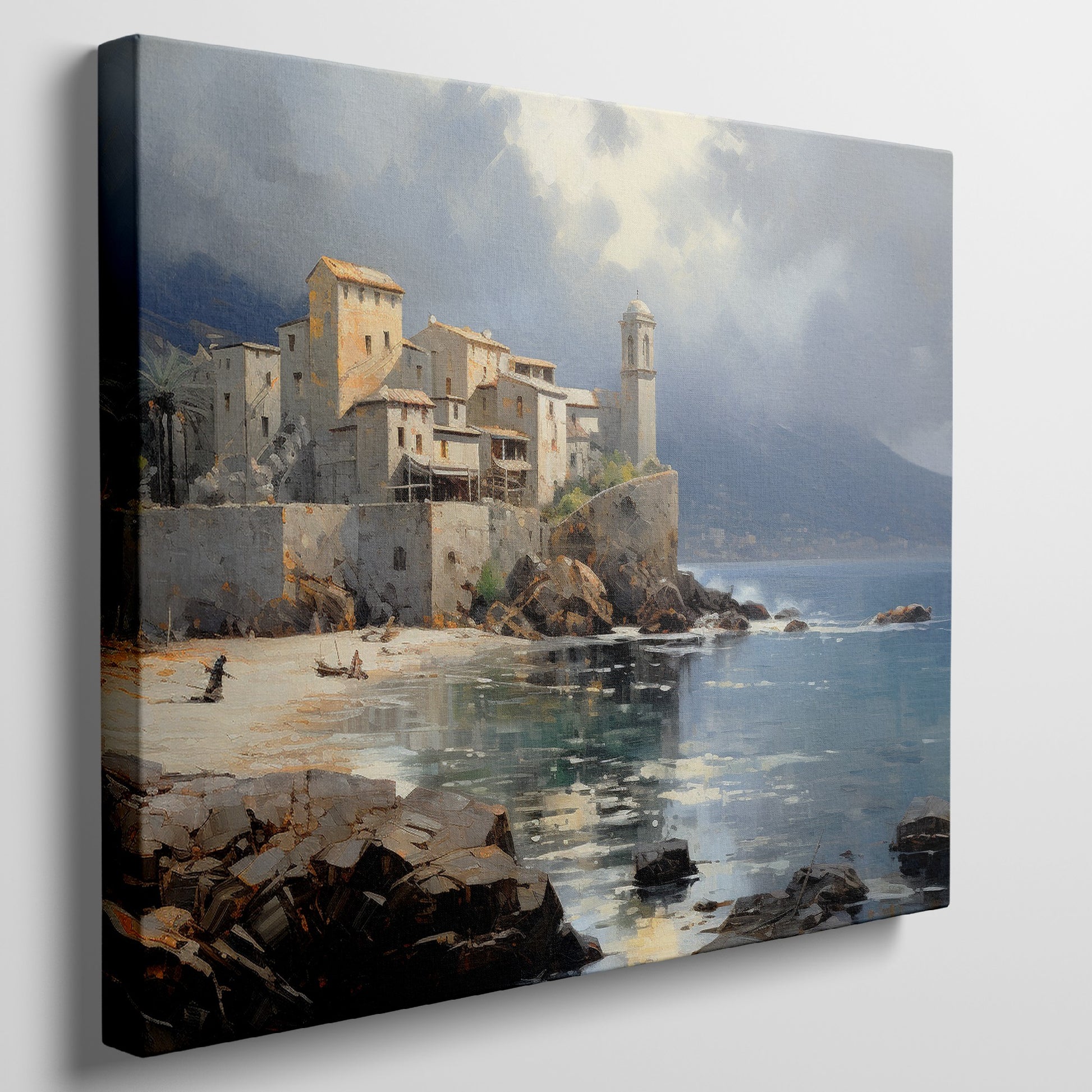 Framed canvas print of a Mediterranean coastal scene with historic buildings and calm blue waters