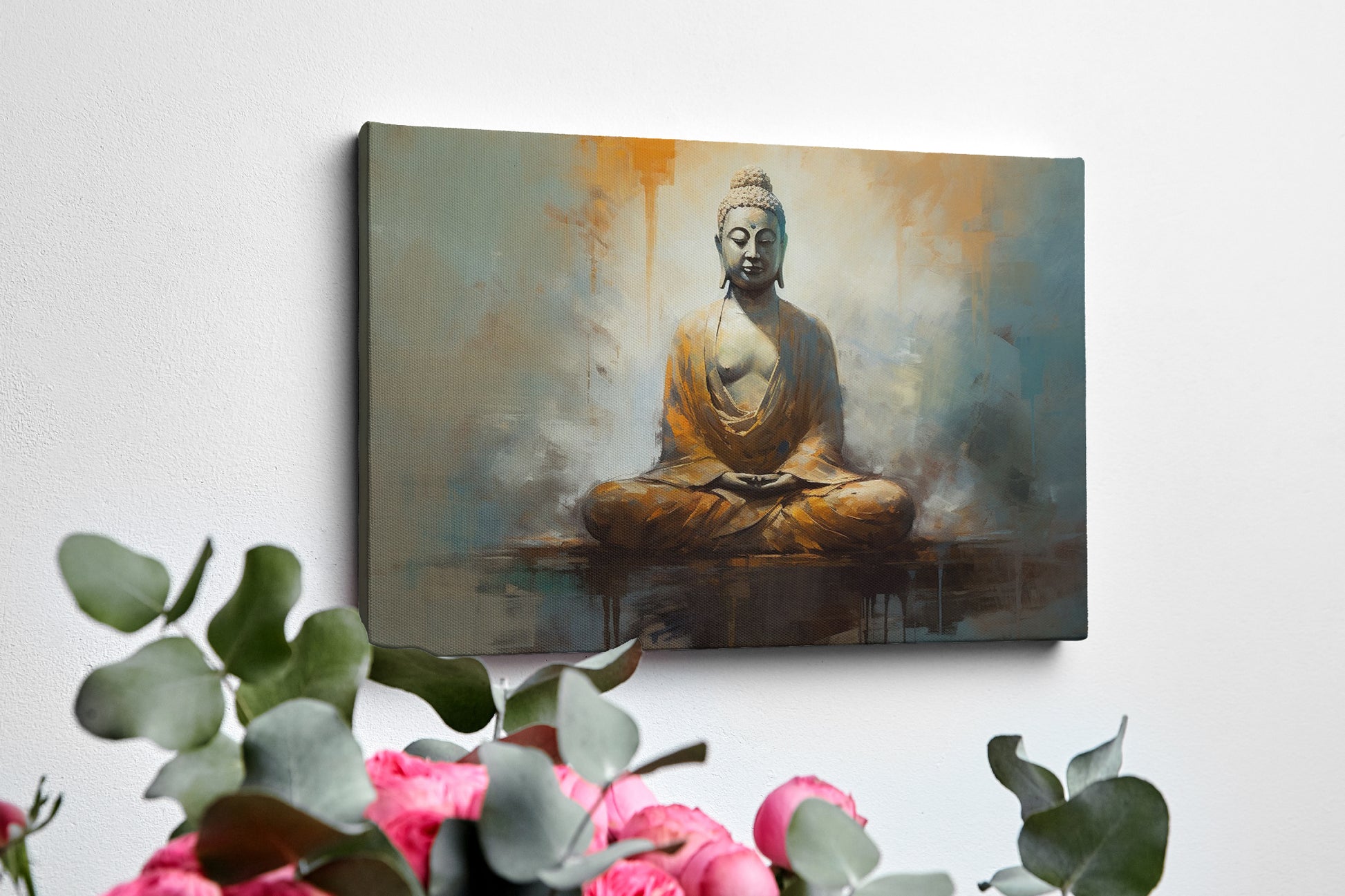 Framed canvas print of serene Buddha in meditation with abstract warm background