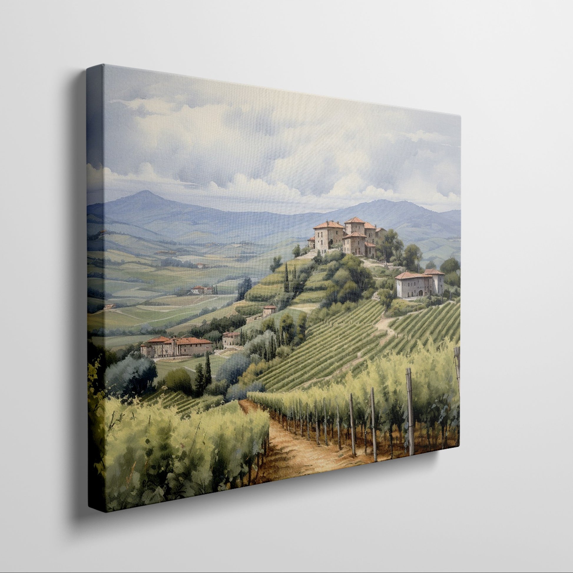 Framed canvas print of a tranquil Tuscan vineyard with rolling hills and Italian country houses