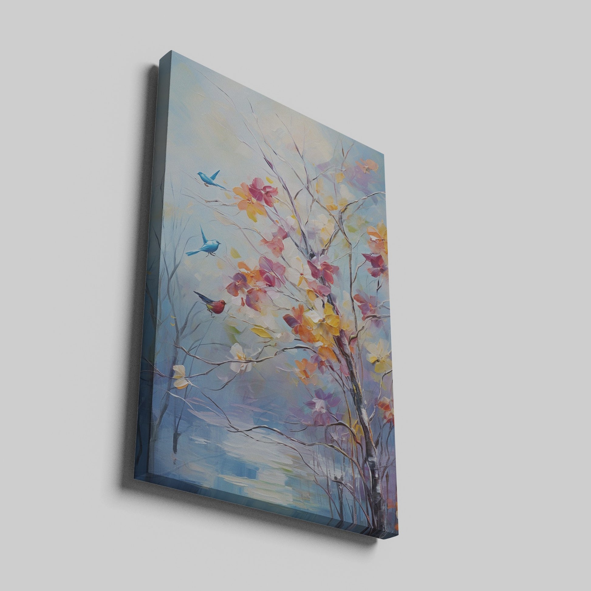 Framed canvas print of an impressionist painting with colourful birds and flowers by a lake