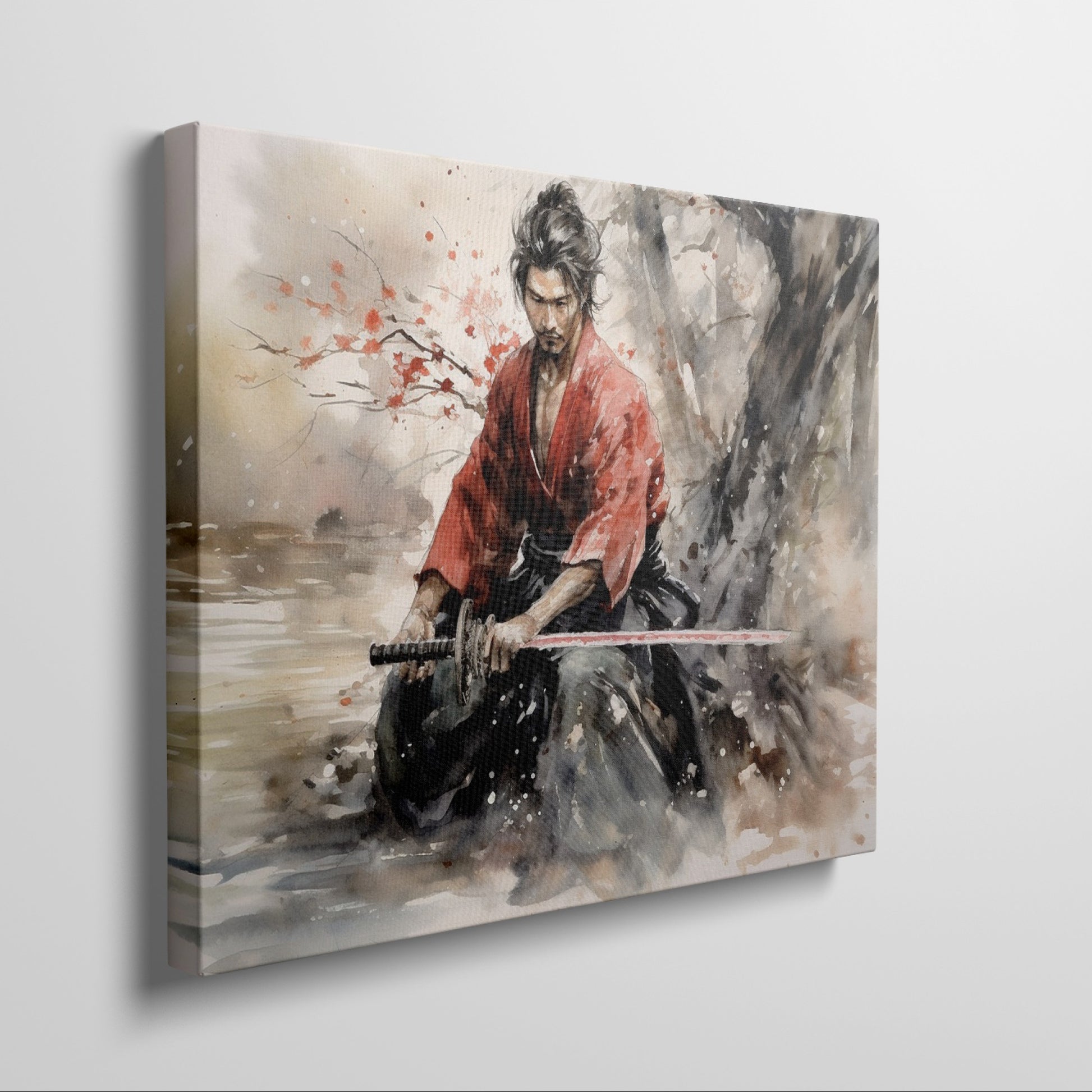 Framed canvas print of a Samurai warrior in red kimono with sword