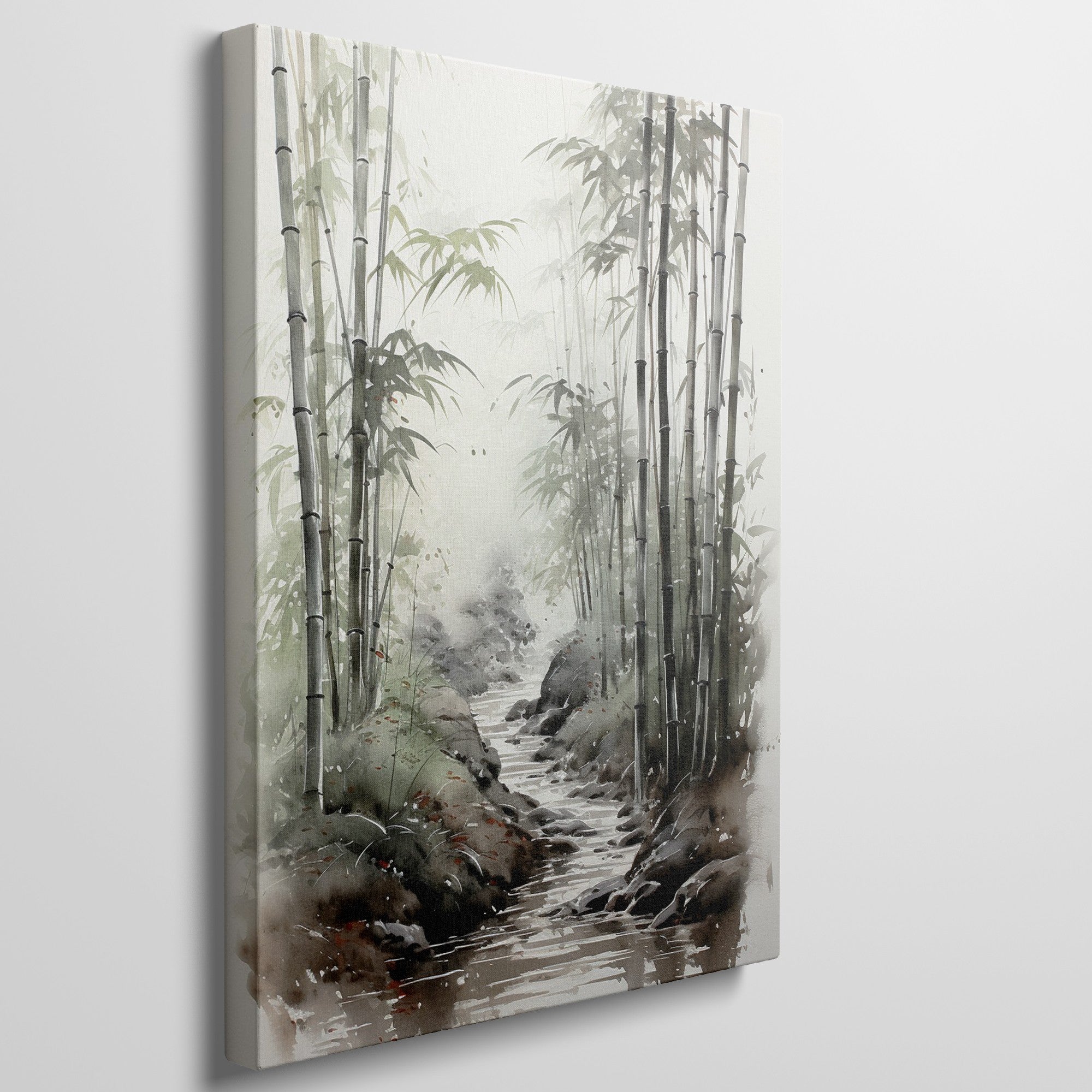 Framed canvas print of tranquil bamboo forest and stream in watercolour