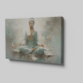 Framed canvas print of a meditative figure in serene surroundings with pastel colours