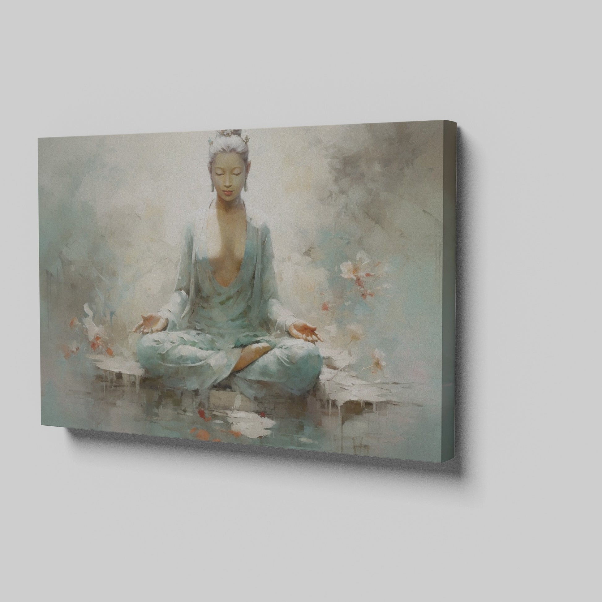 Framed canvas print of a meditative figure in serene surroundings with pastel colours