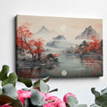 Framed canvas print of Oriental landscape with red autumn leaves and mountain reflections