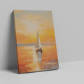 Framed canvas print of an impressionistic sunset seascape with golden colours and a sailboat